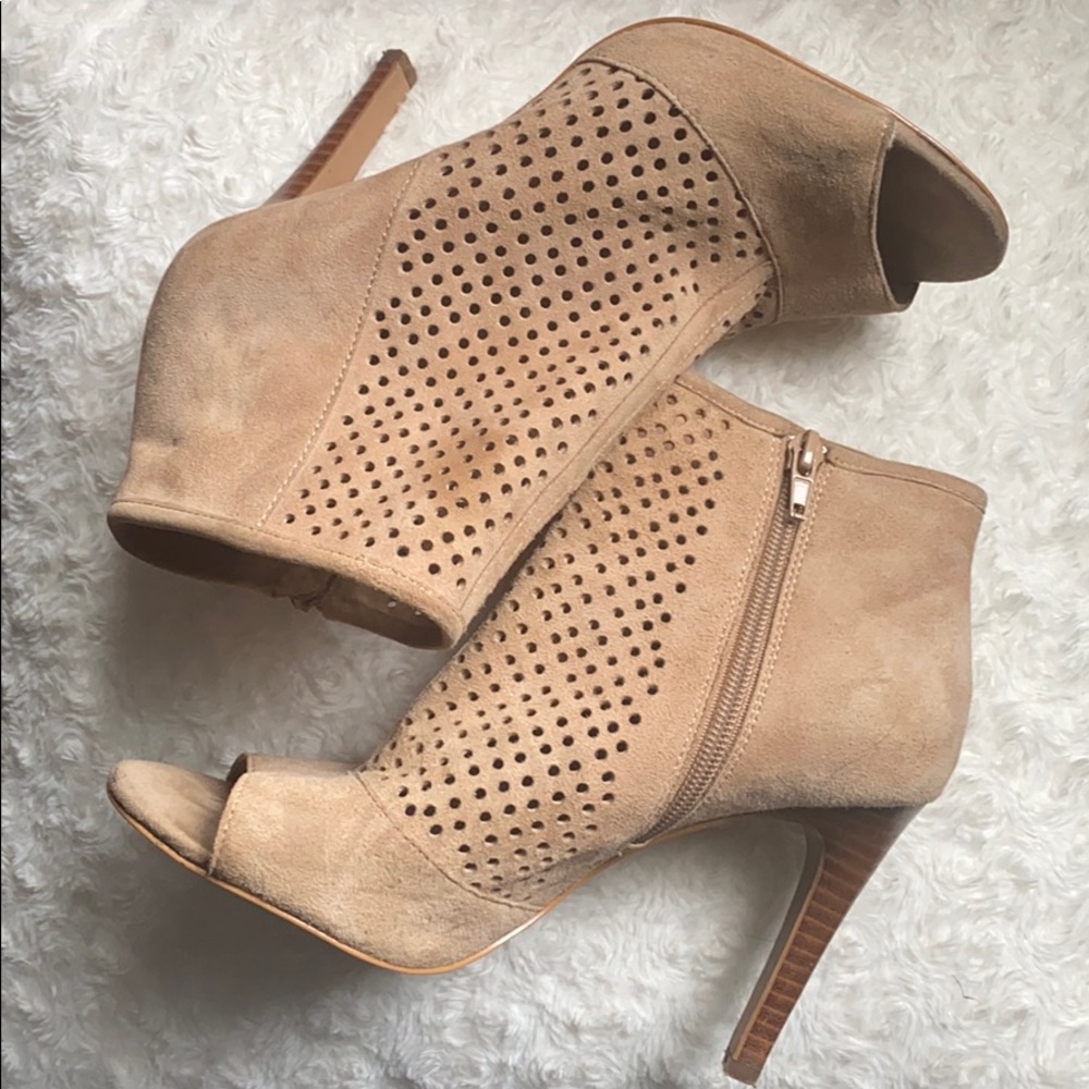 Audrey Brooke’s peep toe suede booties, size 7.5